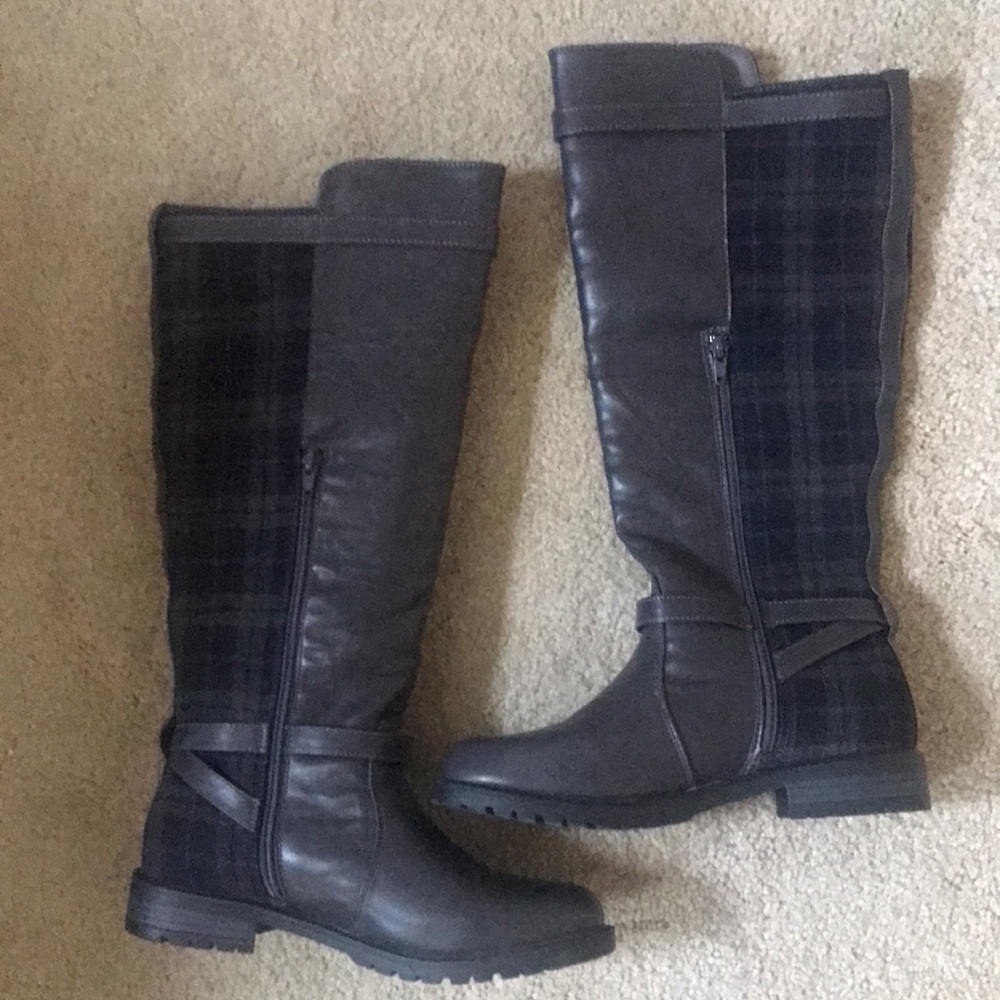 Just Fab Zenith Equestrian Plaid Blue and Gray Knee High Boot-Size 8